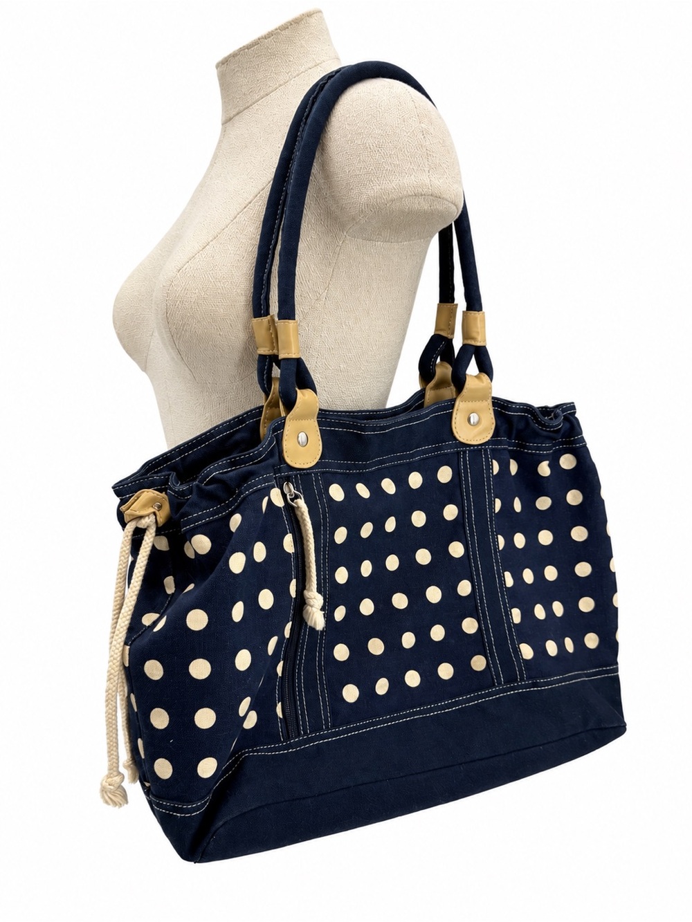 Unbranded Navy Blue Polka Dot Canvas Shoulder Tote Bag Tan Nautical Coastal